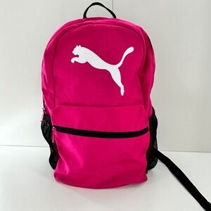 Puma Pink Backpack with White Logo Mesh Side Pockets Front Zip Pocket‎ Bookbag